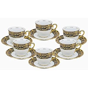 Euro Porcelain 12-pc. Tea Cup Coffee Set, Vintage Cobalt Blue Ornament, 24K Gold-plated Accents, Premium Bone China 6 Cups (8 oz) and Saucers, Original Czech Tableware