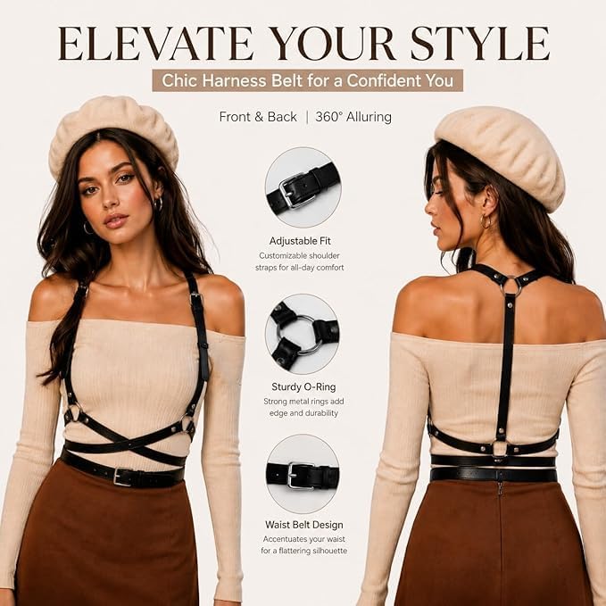 Gothic Leather Waist Harness Belt for Women - Adjustable Chest Vest Body Harness Chains Top for Party, Nightclub, Dating