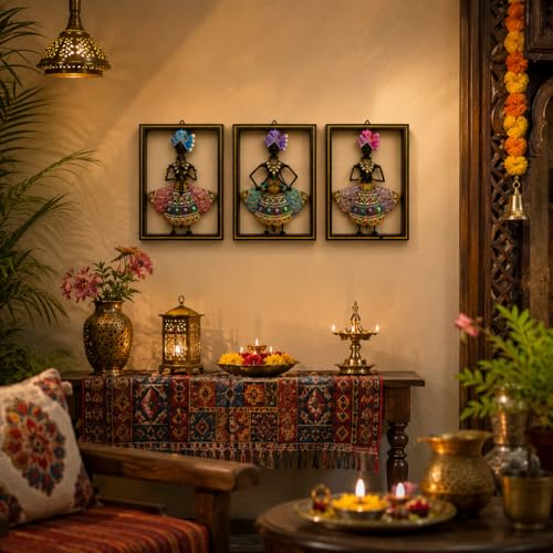 Image of iHandikart Metal Wall Art Set of 3 for Home Decor | Hand-Painted Rajasthani Folk Lady Wall Hanging | Hand-Painted Iron Wall Sculpture for Living Room, Bedroom & Home Decor | 10.5 x 8 Inch Each