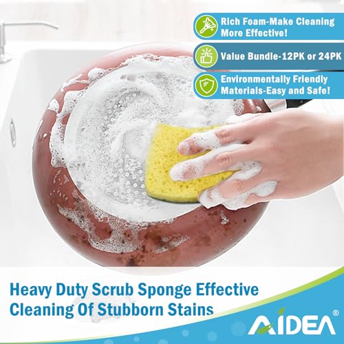 Image of AIDEA Sponges Kitchen, Heavy Duty Scrub Sponge-24Count, Sponges for Dishes, Cellulose Dish Sponge, Scrubbing Power for Tough Messes, Cleaning Power for Non-Coated Cookware, Dishes, Pots, Pans