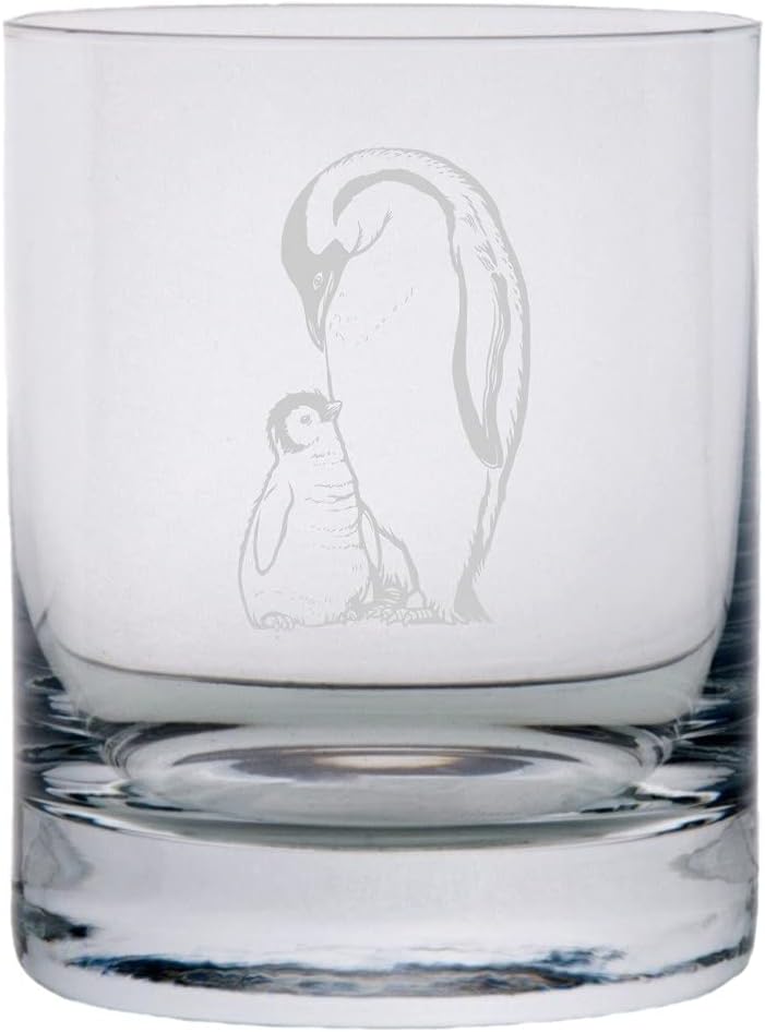 Emperor Penguin with Chick Zoo Animal Themed Etched 10.25oz Crystal Rocks Whisky Glass