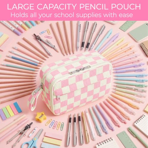 Image of WOBAGMEN Cute Pencil Case,Large Corduroy Zippered Pencil Case Pouch, aesthetic Pencil Bag with Compartments(Pink Gingham)