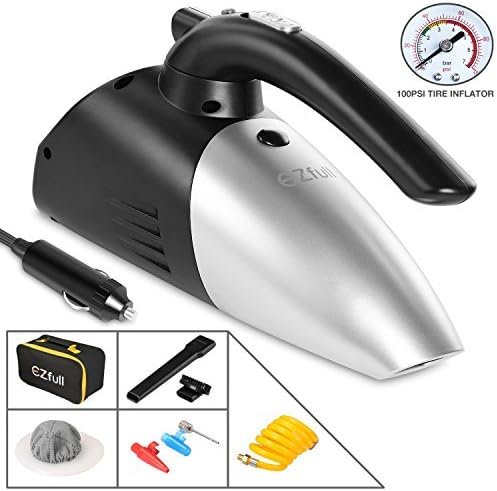 EZfull Car Vacuum Cleaner 4-in-1 Portable Handheld Wet Dry Hand Vacuums For Car, 100W 12v with Air Inflator, Tire Pressure Gauge, LED Light , Car Cigarette Lighter Power Cord