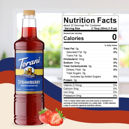 Image of Torani Sugar Free Strawberry Syrup 1 Liter with Pump - Keto & Zero Calorie