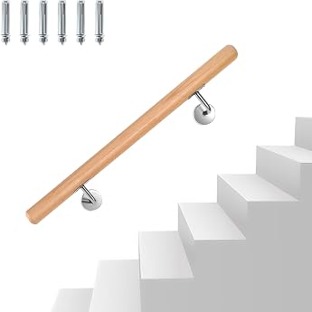 Handrail Beech Wood 80 cm Railing Wall Handrail Wall Stairs with Wall Bracket and End Caps Non-Slip Wooden Handrail Stair Railing for Stairs Balcony Round 42 mm Diameter