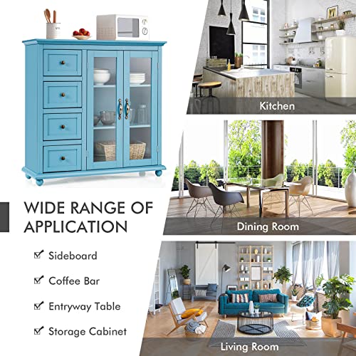 Costway Buffet Sideboard Storage Cabinet, Console Table With 4 Drawers, 2-Glass Door, For Kitchen Dining Room, Entryway, Kitchen Pantry, Buffet Server (Blue) #TOP5