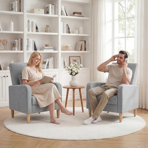 Image of COLAMY Mid-Century Modern Accent Chair, Fabric Upholstered Living Room Chair with Back Pillow & Solid Wood Legs, Comfy Armchair for Living Room, Bedroom, Single Sofa, Grey