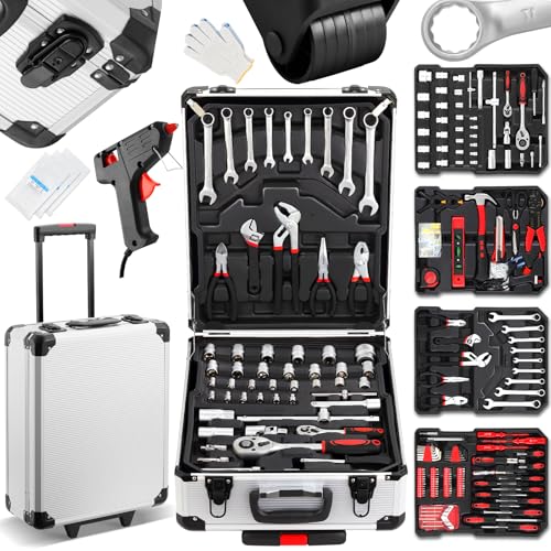 TEENO Werkzeugkoffer, 1000-teilig Werkzeug, Werkzeugkiste im Aluminiumkoffer, Werkzeugkoffer gefüllt mit Rollen, Werkzeugkasten für Haushalt, Garage und Professionelle Reparaturen
