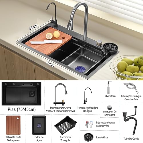 Cuba de Aço Inox Polido, Pia de Cozinha Tipo Cascata de Aço Inoxidável Preto com Estação de Trabalho