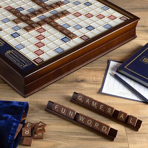 WS Game Company Scrabble Deluxe Edition Board Game Featuring a Rotating Wooden Game Cabinet with Built-in Storage and Raised Letter Tile Grid — Board Games for 2-4 Players (Ages 8+)
