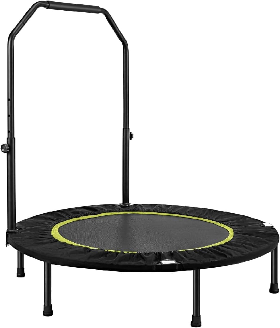 BREEZENEST Foldable Fitness Trampoline for Adults - Max 400lbs Capacity, Steel Frame Exercise Rebounder with Adjustable Handrail, Indoor Outdoor Mini Trampoline for Home Gym Workout (Black&Green, 40")