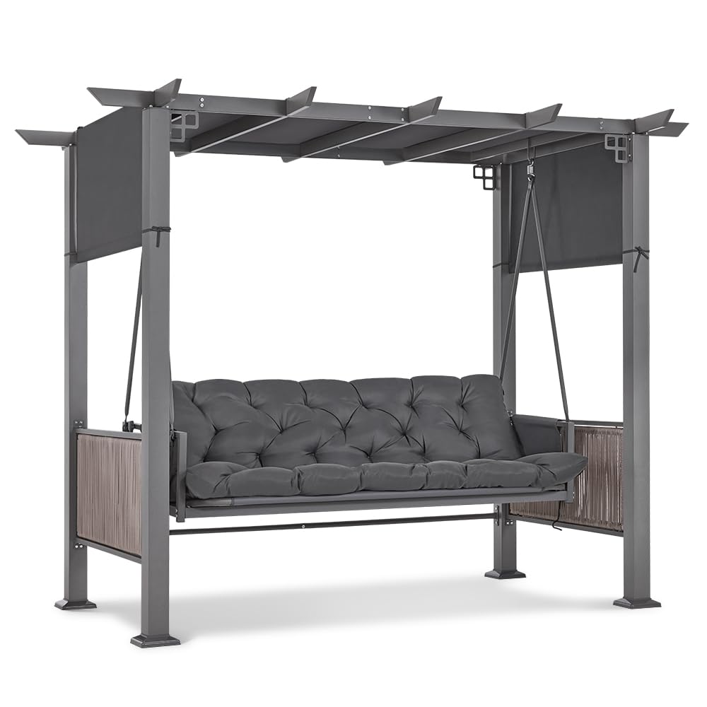 M MCombo Hollywood 3 Seater Swing with Garden Canopy Bed Function, Retractable Canopy Swing with 8cm Extra Large Seat Cushion and Quiet Hooks, Garden Bench 4067 (Grey)