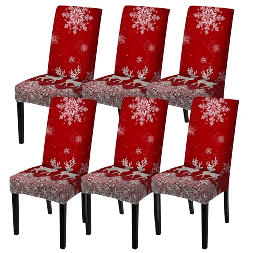 Image of Nuxovilar 6PCS Deer Snowflake Red Stretch Chair Covers 23.6x70in | Holiday Slipcover Festive Protector Snowflake Wrap Seat Guard Dining Room Family Dinner Gathering (Snowy Deer)