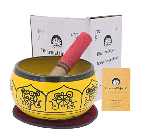 DharmaObjects Yoga Meditation 6 Inches 8 Lucky Symbols Singing Bowl/Cushion/Leather Mallet Gift Set (Yellow)