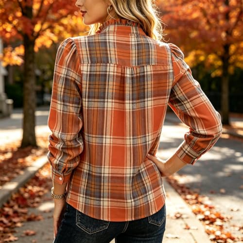 Gingham Tops for Women Dressy Casual Long Sleeve Henley Ruffled Blouse | Plaid Flannel Shirt, Henley Stand Ruffle Collar Casual Top, Half Button Placket Long Sleeve Blouse, Regular Fit Pullover - image 7