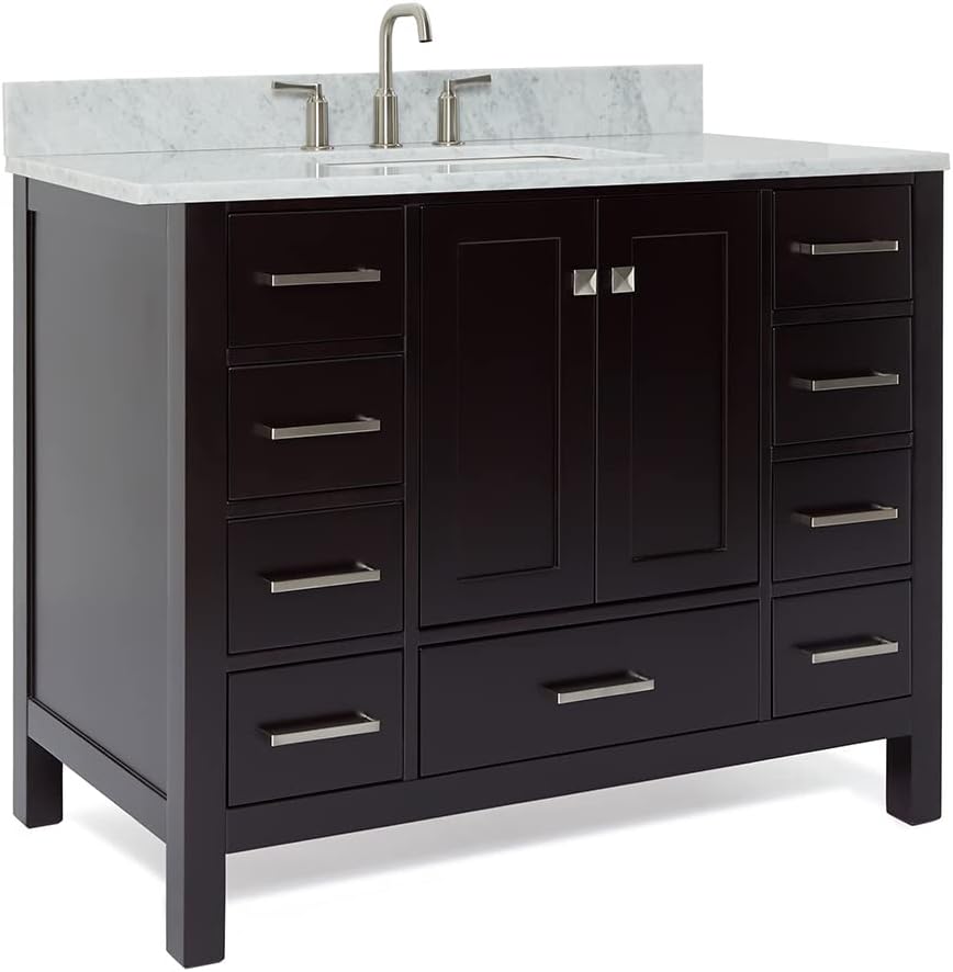 ARIEL Cambridge 42-inch Bathroom Vanity with Sink,Solid Wood, 0.75-inch Italian Carrara Marble Countertop, Single Rectangular Porcelain Sink, 2 Soft Closing Doors, 9 Dovetail Drawers, Espresso