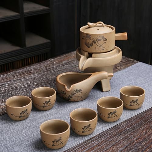 Image of Chinese Gongfu Tea Gift Set, Service Automatic Stone-Mill Design Handmade Ceramics Tea Pot 6 Cups Japanese Kung Fu Tea for Adults Men Women Tea Ceremony Party Home Office Decor (lotus)