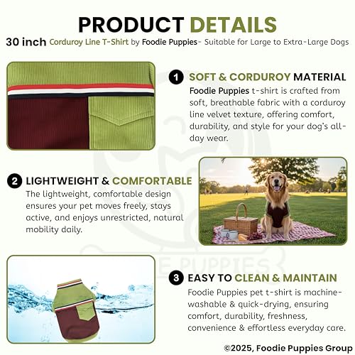 Image of Foodie Puppies Corduroy Line Velvet Pocket T-Shirt Warm Sweater Jacket - (30 inch, Olive & Maroon) for Xtra Large Size Dogs | Soft, Lightweight Pet Apparel | Stylish, Comfortable, Durable, Stretchable