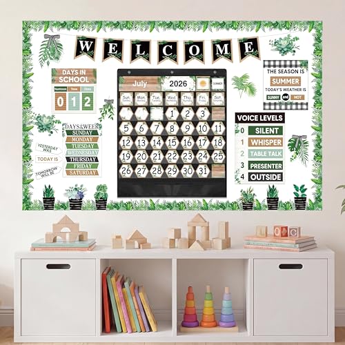 Pajean Classroom Calendar Pocket Chart Set with Cards Welcome Seasons Festival Weather Pocket Chart for Classroom Decoration Back to School Homeschool Teacher Supplies (greenery, 203 Pcs) - Image 7