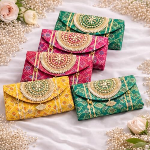 Image of Jaipur Ace Women Ethnic Embroidered Clutch Bag with Golden Handwork & Tassel | Traditional Wedding Party & Festive Shagun Purse |Return Gift Clutch Set (Pack of 5)
