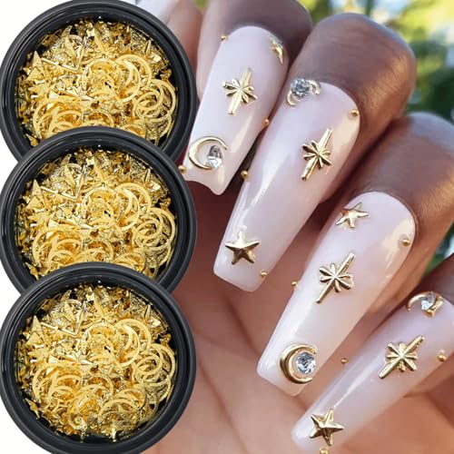 HIZEMLK 3 Box 3D Gold Nail Charms, Moon Star Nails Art Studs, Gold Rhinestones Charms for Nails, Metallic Nail Decoration Supplies, Nail Charms for Nails Design Manicure Craft DIY Accessories, Small