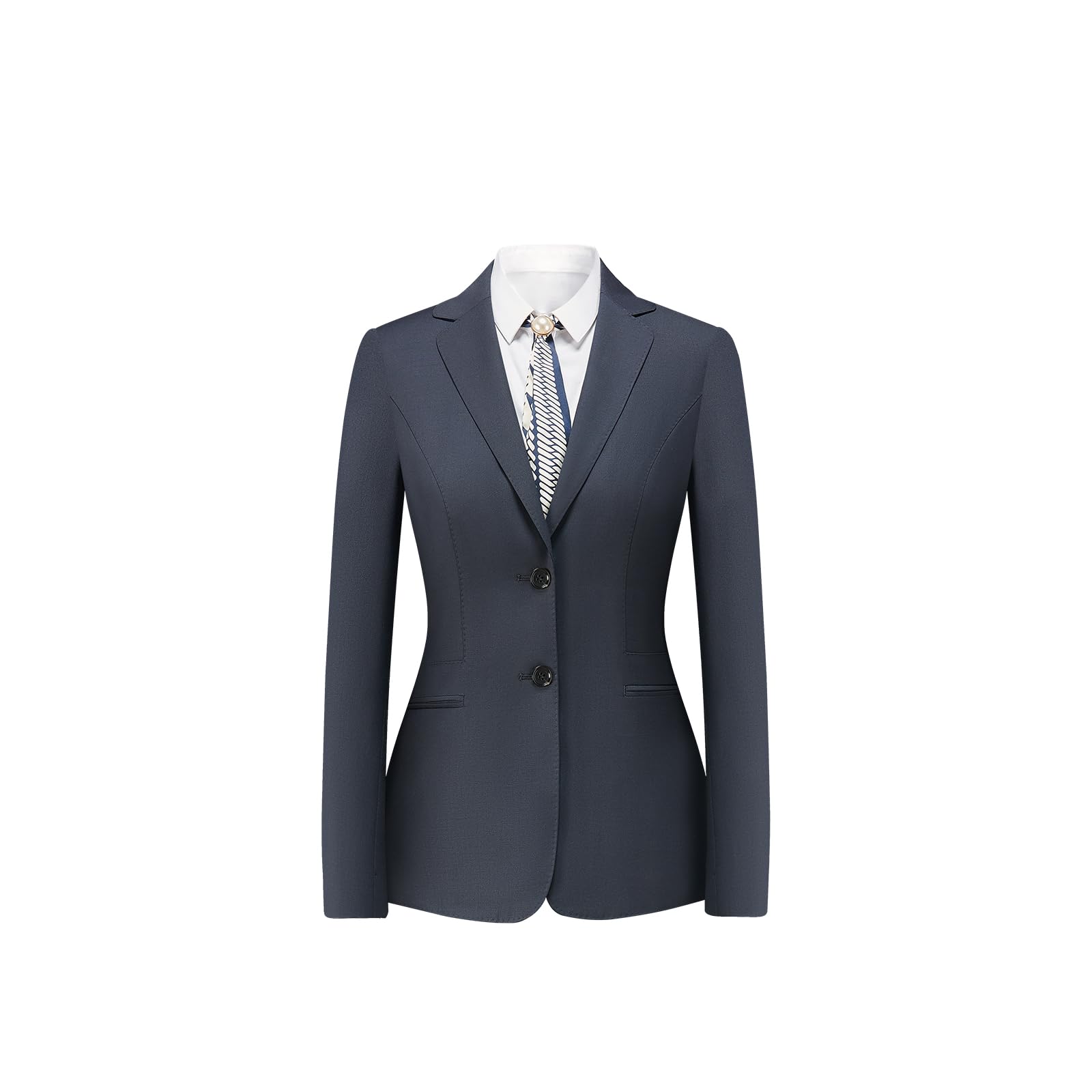 Professional Womens Business Suit Navy Blue Wool-Polyester Blend Fabric Double-Breasted Blazer with Lapel Collar