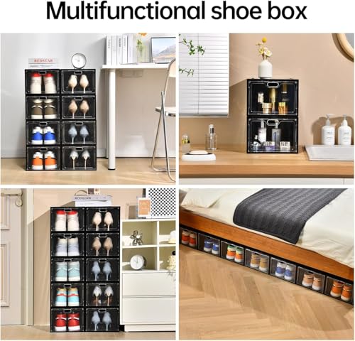 Image of INSTY 12 Pack Large Shoe Storage Box, Clear Shoe Storage Organizer with Magnetic Door, Stackable,Shoe Containers For Display Sneakers, Easy Assembly, Fit up to US Size 12, Black