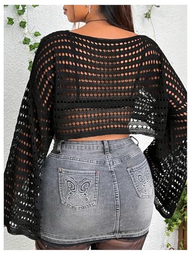 Women's Plus Size Hollow Out Bell Sleeve Crop Sweater Crew Neck Crochet Knit Top2