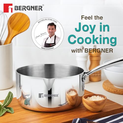 Image of Bergner Argent 14cm Triply Milkpan /Saucepan /Small Teapan, Stay Cool Cast Handle, Food Safe, Durable, Healthy Cooking, Faster and Even Heat Distribution - Induction and Gas Stove Ready
