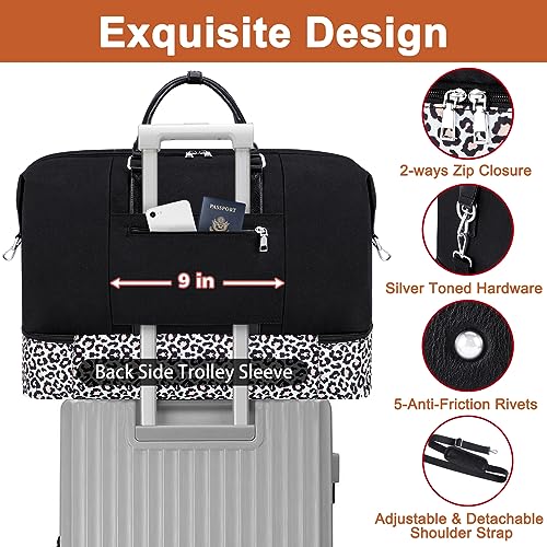 Image of Travel Weekender Bag for Women, 21 inch Overnight Bag with Shoe Compartment 50L Large Travel Duffel Bag Carry On Tote for Weekend, Overnight, Business Trips, Water Resistant, Q- Black&Leopard, Large