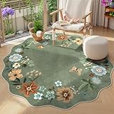Lahome Floral Washable Round Rugs, Non-Slip Soft Round Rug 4ft Ultra-Thin, Small Boho Circle Carpet for Entryway Kitchen Bedroom Nursery Bathroom, Green