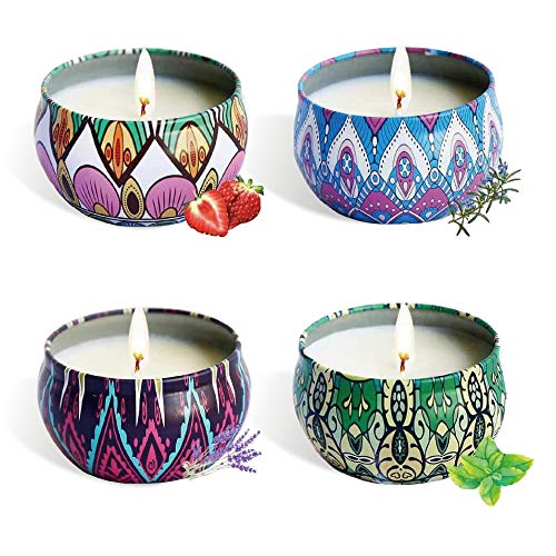 Lot de 4 Bougies Parfumée Ensemble Cadeau,2.5 oz Bougies Cire De Soja Naturelle pour Mariage,Bath,Yoga,Cadeau Noël et La Saint-Valentin(Lavande, vanille, rose, figue méditerranéenne)