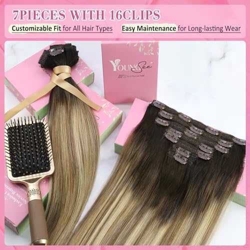 Image of YoungSee Balayage Clip in Hair Extensions Short Straight Hair Clip in Extensions Darkest Brown Roots to Medium Brown with Blonde Balayage Real Human Hair Extensions Clip ins for Women 12 Inch 85G 7Pcs