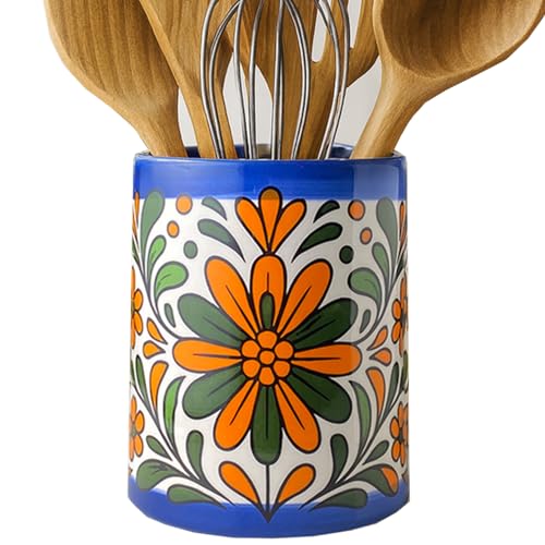 Vissmarta Large Ceramic Mexican Talavera Utensil Holder Pottery Caddy Crock for Kitchen Counter Top Decor Organizer Accessories Fancy Cooking Countertop Decorative Spoon Spatula Storage Home Floral