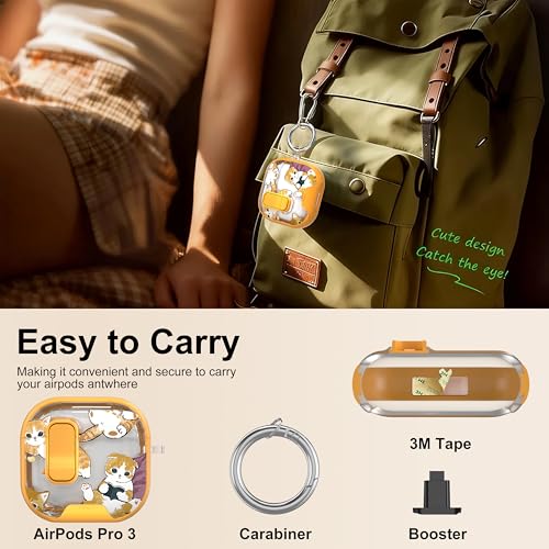 Image of for AirPods 4 Case 2025 with Safety Lock & Foldable Phone Stand, Yellow Cat | Double Drop Protection,Two-Piece Design, Airpod 4 Case with Keychain & Cleaner Kit, Support Wireless Charging, Shockproof