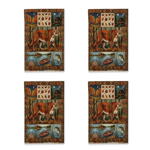 Set di 4 strofinacci da cucina vintage autunnali con motivo caccia in casale di campagna, strofinacci ad asciugatura rapida, regalo di inaugurazione della casa nel bosco per cucina, bagno