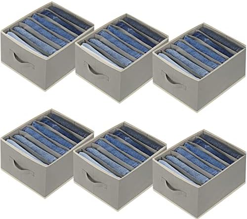 Baesyhom 6 Pcs Large Size Wardrobe Clothes Organizers 6 Grids for Pants, Jeans, Sweater, T-shirt, Thin Coat, Dress Stackable Closet Drawer Organizer Storage Bin Container with Sturdy Handles, Grey