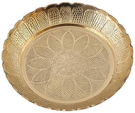 Handmade Brass Puja Thali With Flower Embossed Design (, En) 9 Inch approx. Gold