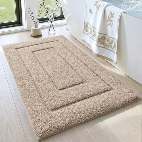 DEXI Tapis Salle de Bain Antidérapant 50 x 80 cm, Moelleux en Microfibre, Absorbant l'eau, Lavable en Machine, Extra Epais, pour Douche, Baignoire, Beige