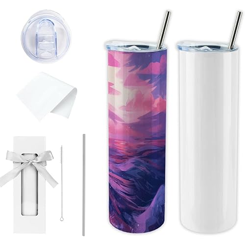 2 Piece Sublimation Tumbler 30 oz Skinny,Stainless Steel Double Wall Insulated Straight Sublimation Tumbler Cups Blank White with Lid, Metal Straw, Individually Boxed,Polymer Coating for Heat Transfer