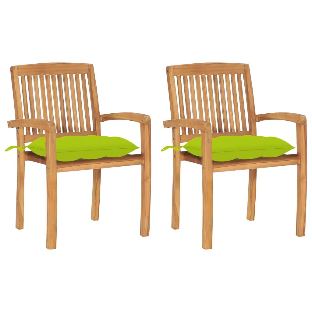 Chaise de jardin en teck lot de 2 avec coussins vert clair empilables pour terrasse extérieure