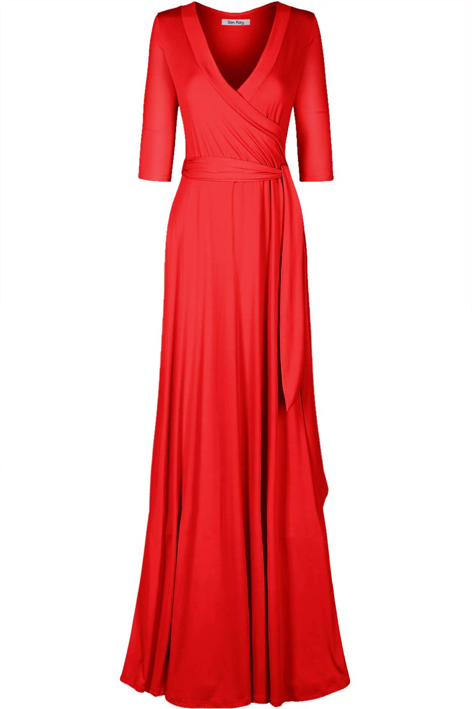 Women's 3/4 Sleeve Deep V-Neck Maxi Faux Wrap Solid Plus Size Dress