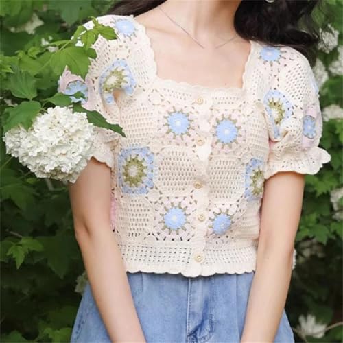 Women Square Neck Button-Up Crochet Top Short Sleeve Knit Crop Cardigan Fairycore Summer Casual Daily Outfit Blouse2