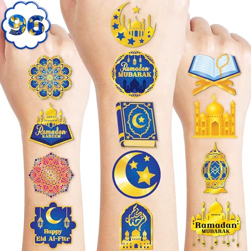 96 PCS Happy Ramadan Mubarak Eid Al Fitr Pre-Cut Temporary Tattoos for Kids | Super Cute Themed Birthday Party Favors, Supplies, Decorations, Fake Tattoo Stickers, School Rewards & Gifts Boys & Girls