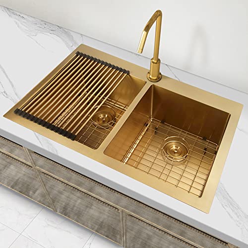 Zeesink Double Bowl Kitchen Sink,Drop In Kitchen Sink 33 X 22 Inch,Gold Kitchen Sink,Top Mount Kitchen Sink,16 Gauge Stainless Steel Kitchen Sinks #TOP1