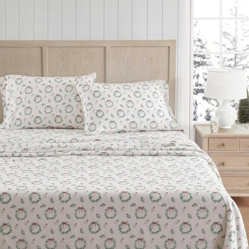 Image of Martha Stewart - Flannel Sheets Full Size, Anti-Pilling & Wrinkle Resistant Cotton, Touchably Soft for All-Season Comfort - Matching Pillowcases & Fitted Sheet (Wreaths & Mistletoe Green)