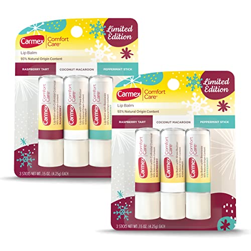 Carmex Comfort Care Lip Balm Limited Edition Holiday Sticks in Raspberry Tart, Coconut Macaroon and Peppermint Stick - 0.15 OZ Each, 3 Count (Pack of 2)