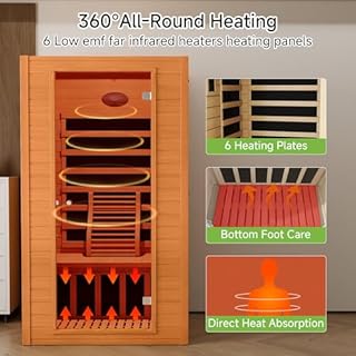 Real Relax Infrared Sauna Home Sauna Room for 1-2 Person, Indoor Canadian Hemlock Wood Saunas with 1600W, Bluetooth Speaker, 6 Heating Plate, 9 Color Chromo Therapy Lights, 43.3 * 37.4 * 74.8 Inch