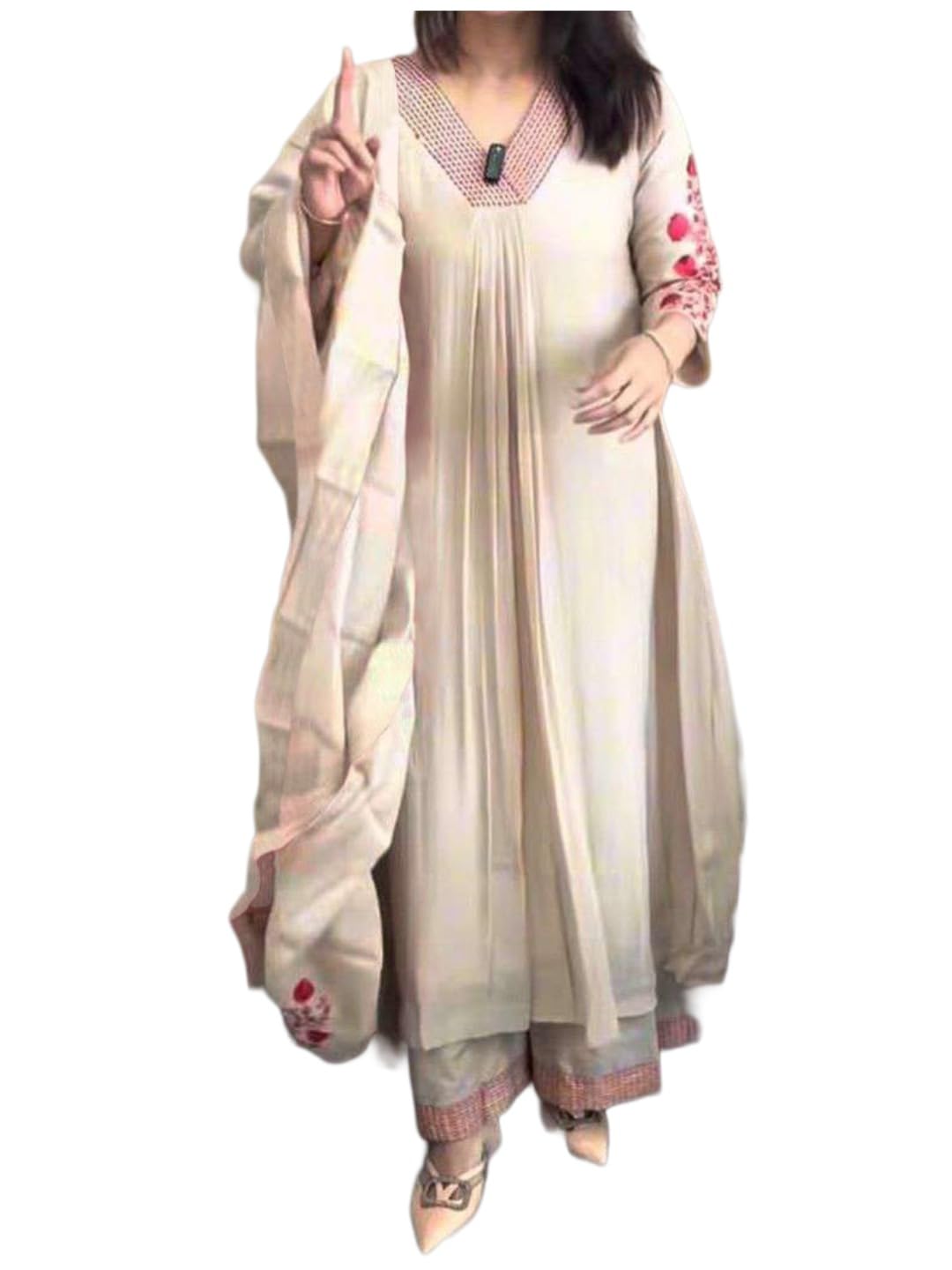anni designer Kurta Set for Women Viscose Embroidered | A-Line Kurta Palazzo Dupatta Set for Woman | 3/4 Sleeve V-Neck 3 Piece Ethnic Dress Stylish Coord Outfit Trendy Womens Clothing-picture-22