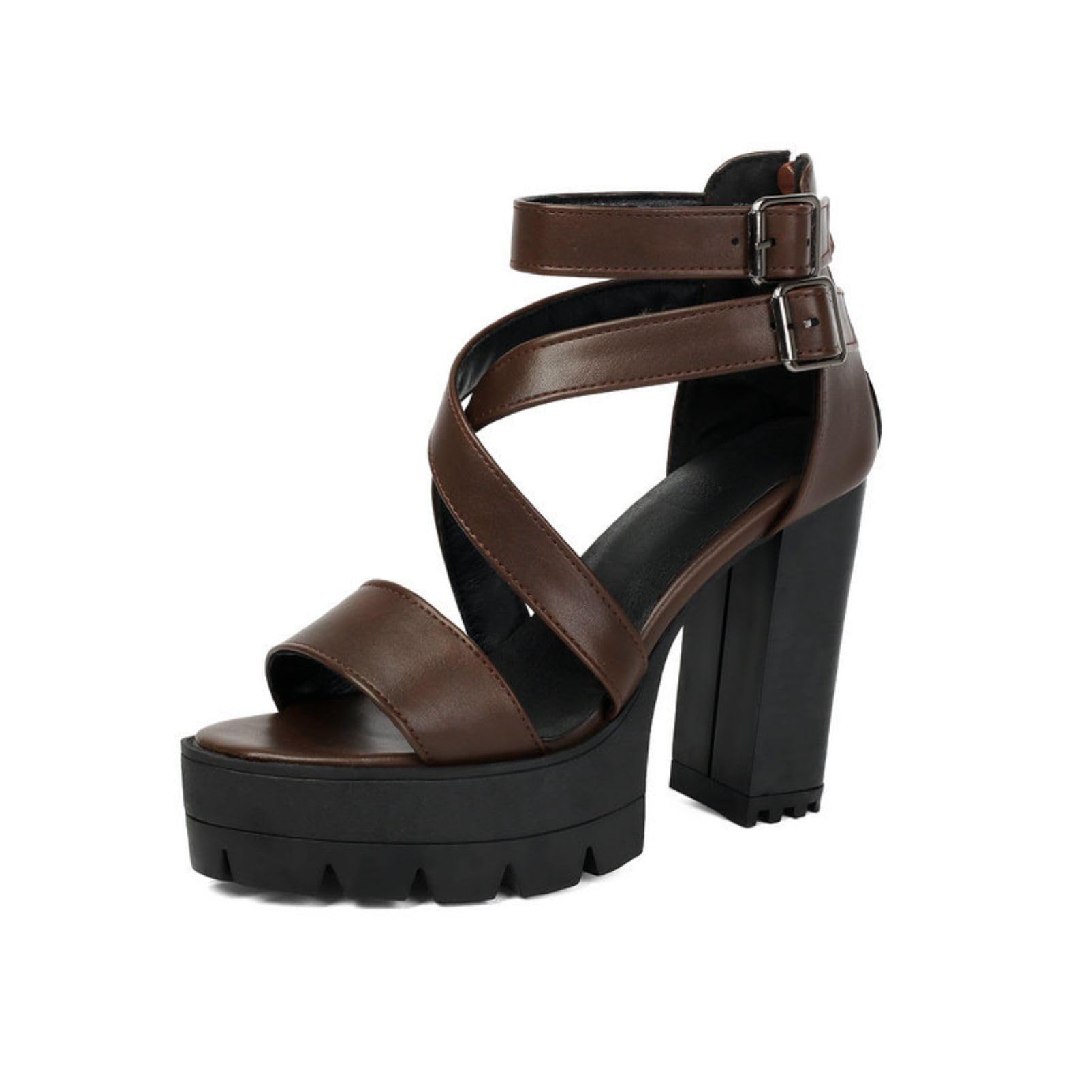 Genérico Sandalias Mujer Correas Cruzadas Plataforma Punta Abierta Bombas Cuero PU Hebilla Doble Tobillo Tacón Alto Grueso Suela Tractor Vestido Sandalias Fiesta